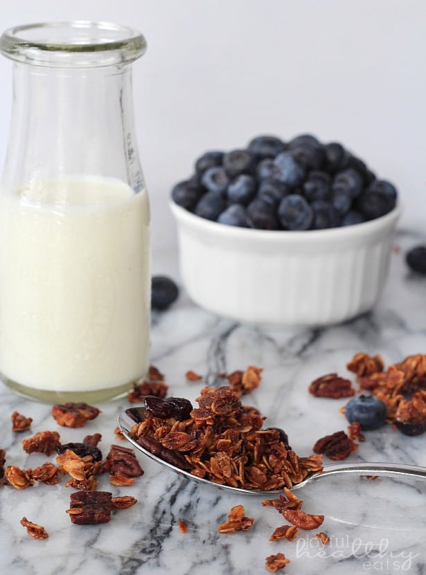 Coconut Blueberry Pecan Granola #healthybreakfast #granola #blueberry #coconut #pecan 一勺椰子蓝莓核桃麦片,一杯牛奶和一个新鲜蓝莓模子