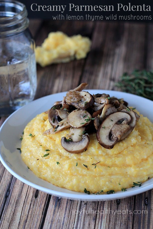 Creamy Parmesan Polenta with lemon thyme wild mushrooms #glutenfree #vegetarianrecipes #sidedishes 奶油帕尔马干酪玉米粥配柠檬百里香野生蘑菇#无麸质#素食食谱#配菜