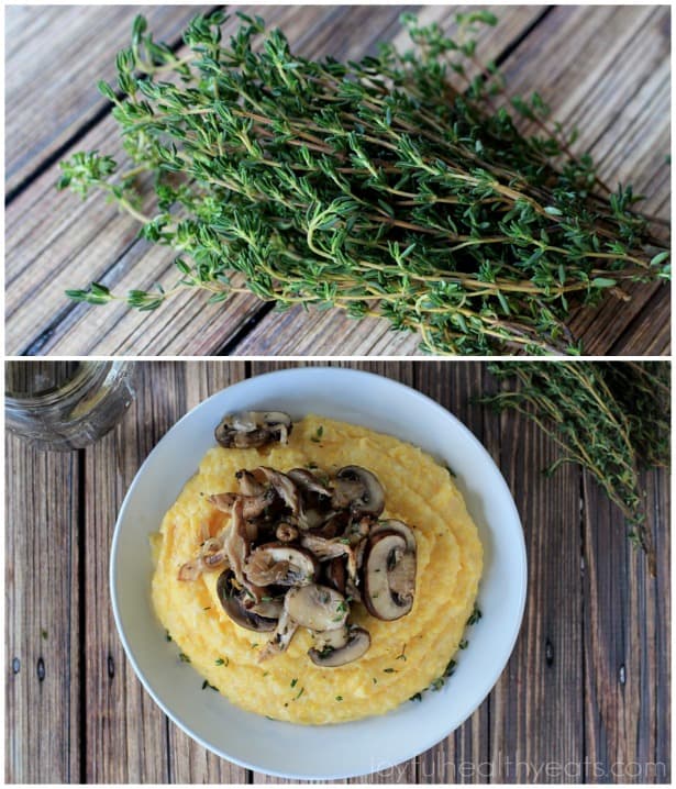 Creamy Parmesan Polenta with lemon thyme wild mushrooms #glutenfree #vegetarianrecipes #sidedishes 奶油帕尔马干酪玉米粥配柠檬百里香野生蘑菇#无麸质#素食食谱#配菜
