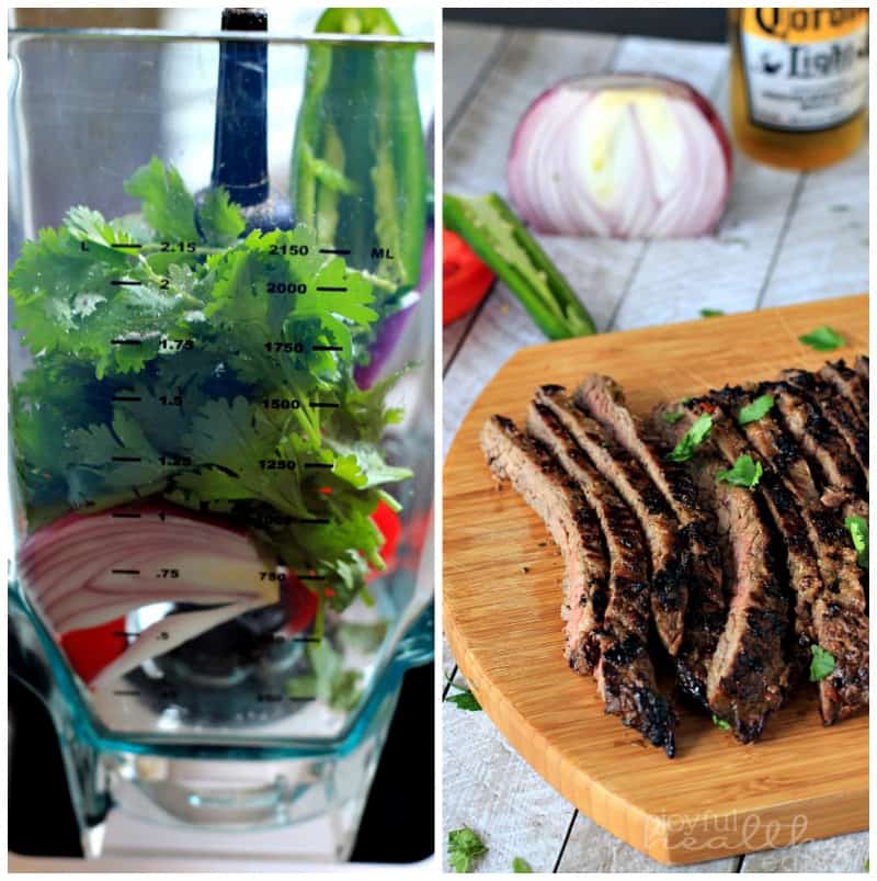 Grilled Fajita Skirt Steak #Steak #MexicanFood #cincodemayo #fajitas #marinade #paleo #glutenfree Collage of Cilantro and red onion in a blender and sliced Grilled Fajita Skirt Steak on a cutting board