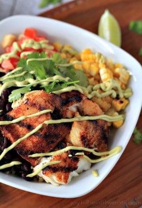 The Most Popular Recipes of Joyful Healthy Eats 2014 | m.albarakaa.com | #mostpinned #healthy #recipes #food Grilled Tilapia bowl with veggies and avocado crema dressing