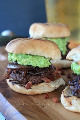 The Most Popular Recipes of Joyful Healthy Eats 2014 | m.albarakaa.com | #mostpinned #healthy #recipes #food Slider burgers topped with caramelized onions and mashed avocado on a bun