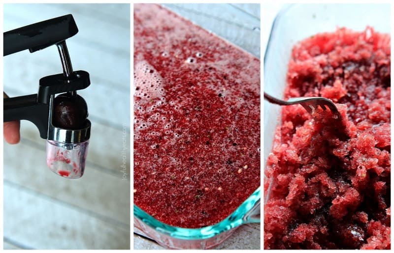 4 Ingredient Cherry Watermelon Granita, a light, sweet, and healthy dessert for the summer! | m.albarakaa.com 拼贴三步制作樱桃西瓜格兰尼塔配方