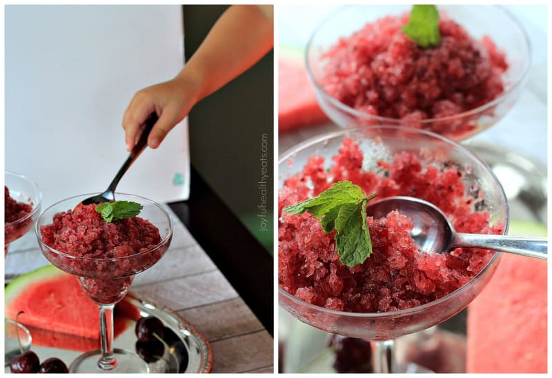 4 Ingredient Cherry Watermelon Granita, a light, sweet, and healthy dessert for the summer! | m.albarakaa.com 拼贴樱桃西瓜格兰尼塔在服务玻璃杯