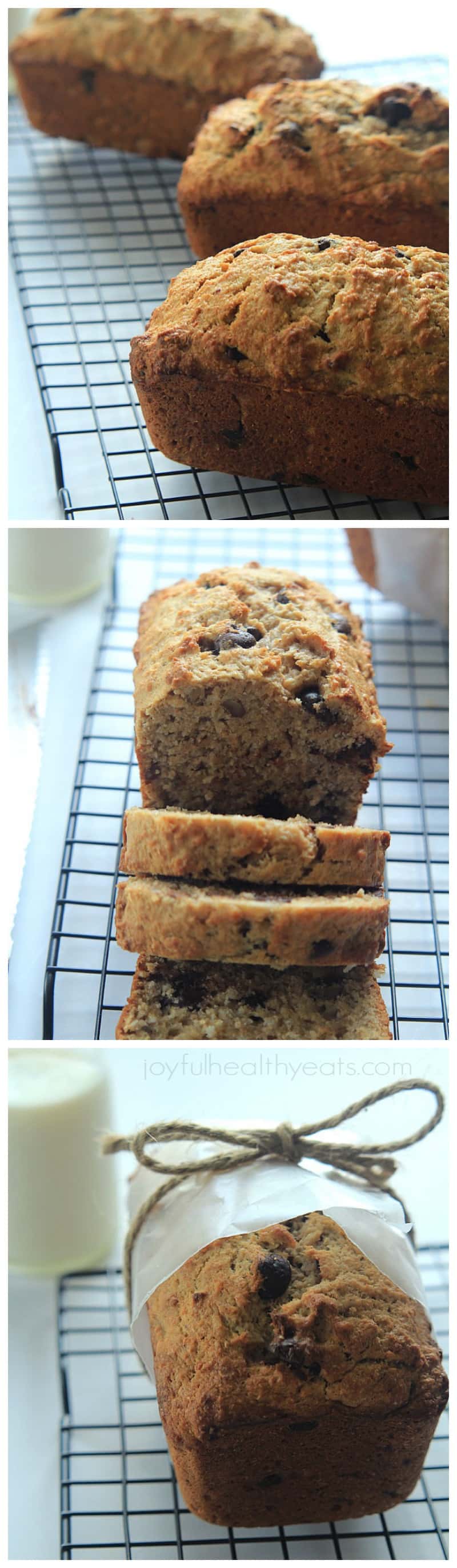 Fully loaded and fully delicious Coconut Pecan Chocolate Chip Banana Bread | m.albarakaa.com 在冷却架上的椰子核桃巧克力片香蕉面包的拼贴