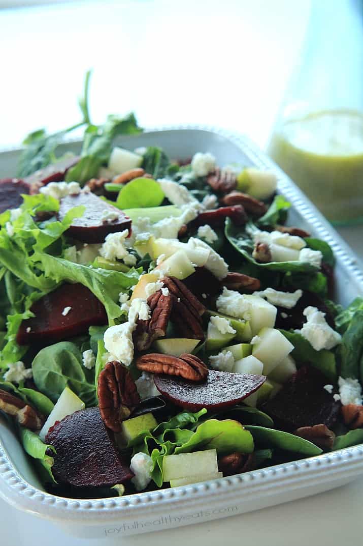 Goat Cheese Asian Pear & Beet Salad with Honey Mustard Vinaigrette | m.albarakaa.com #glutenfree #vegetarian #30minutemeal 山羊芝士亚洲梨甜菜沙拉配蜂蜜芥末油醋沙司