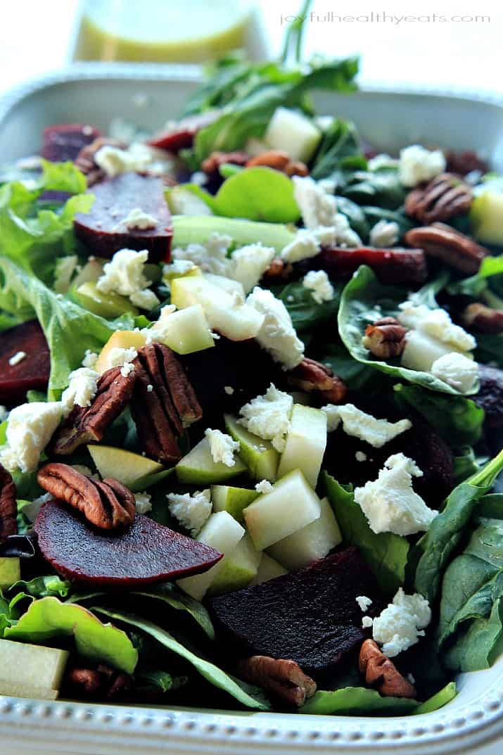 Goat Cheese Asian Pear & Beet Salad with Honey Mustard Vinaigrette | m.albarakaa.com #glutenfree #vegetarian #30minutemeal 山羊奶酪亚洲梨和甜菜沙拉与蜂蜜芥末醋沙司特写