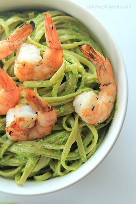 The Most Popular Recipes of Joyful Healthy Eats 2014 | m.albarakaa.com | #mostpinned #healthy #recipes #food A bowl of pesto pasta with shrimp