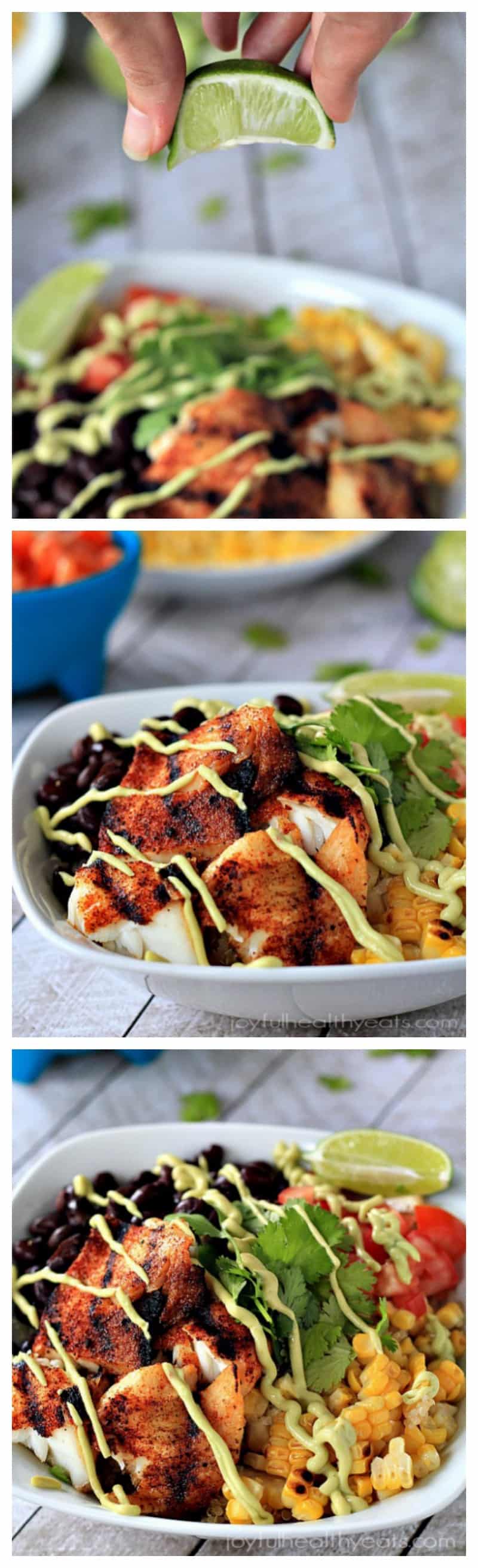 Grilled Tilapia Bowls with Chipotle Avocado Crema 烤罗非鱼碗的三个不同角度的拼贴画