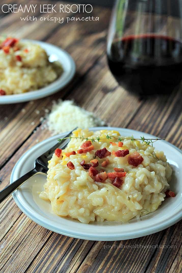 Creamy Leek Risotto with Crispy Pancetta, it's easier than you think. | m.albarakaa.com #comfortfood #recipes #italian #vegetables 奶油韭菜烩饭配香脆意式烟肉