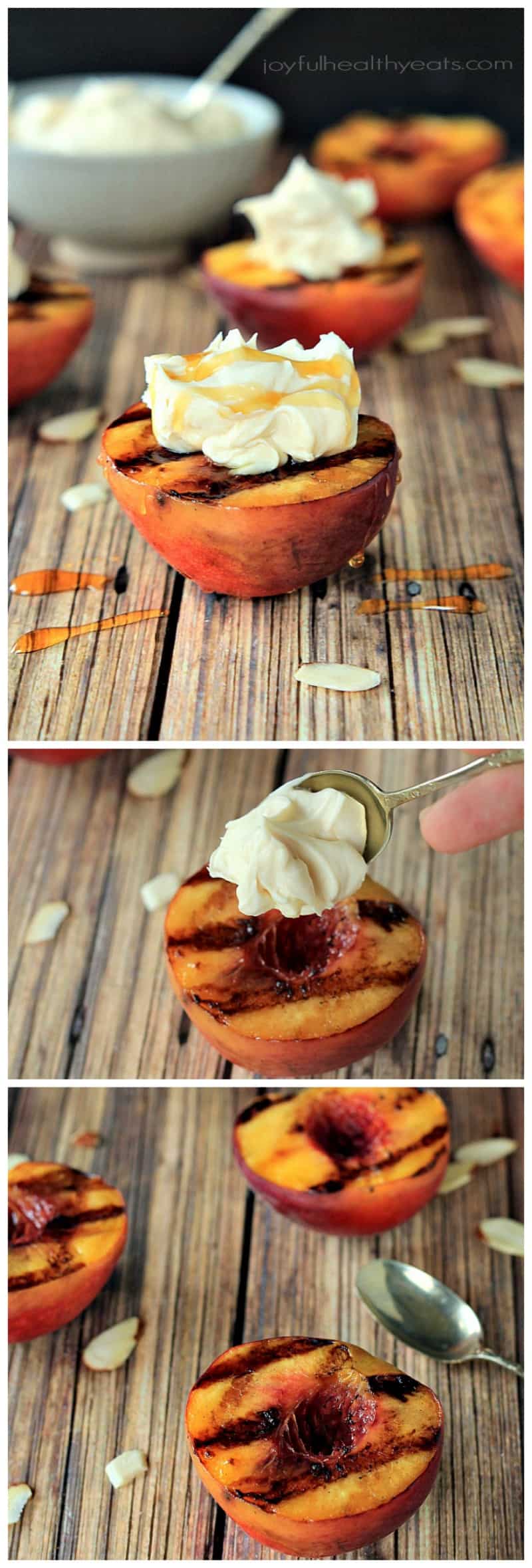The perfect guilt free late night sweet fix... Grilled Peaches with Maple Honey Mascarpone Cheese | m.albarakaa.com 拼贴为烤桃子与枫蜜马斯卡彭奶酪的食谱步骤