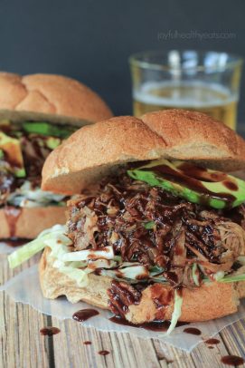 The Most Popular Recipes of Joyful Healthy Eats 2014 | m.albarakaa.com | #mostpinned #healthy #recipes #food Pulled pork sandwich on a bun with sauce