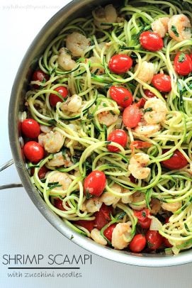 The Most Popular Recipes of Joyful Healthy Eats 2014 | m.albarakaa.com | #mostpinned #healthy #recipes #food Shrimp scampi and grape tomatoes over zucchini nodles