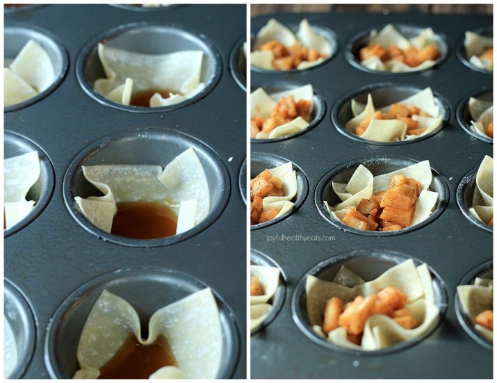 Try to stop at just one of these Caramel Apple Pie Wonton Cups with a Honey Cinnamon Mascarpone, good luck! | m.albarakaa.com 松饼罐头,里面装满了焦糖苹果派云吞杯的配料