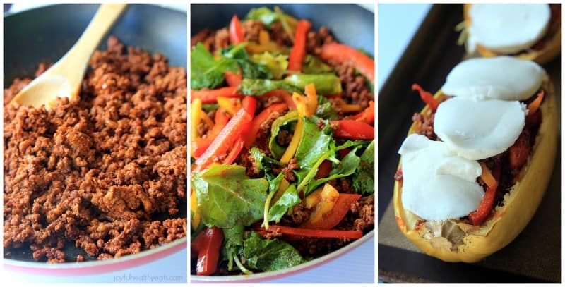 An easy healthy spanish inspired weeknight dinner, Chorizo Kale & Pepper Stuffed Spaghetti Squash Boats! | m.albarakaa.com 准备辣香肠甘蓝和胡椒填充意大利面南瓜船食谱的步骤拼贴