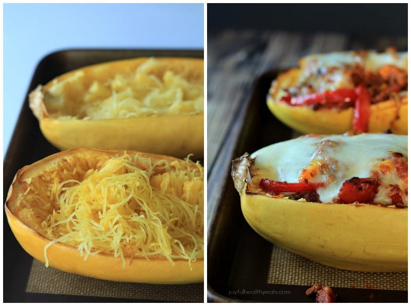 An easy healthy spanish inspired weeknight dinner, Chorizo Kale & Pepper Stuffed Spaghetti Squash Boats! | m.albarakaa.com 在烤盘上拼贴一半的意大利面南瓜和西班牙辣香肠甘蓝和胡椒填充的意大利面南瓜船