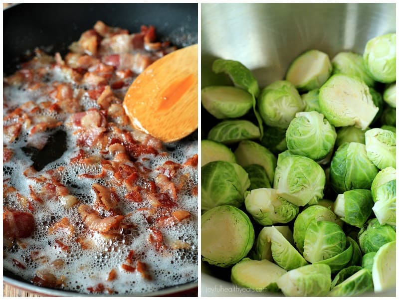 Pan Sauteed Brussels Sprouts with sweet Caramelized Onions and salty crispy Bacon, the ultimate holiday side dish recipe! | m.albarakaa.com #ALDIholiday #paleo #glutenfree 锅煎球芽甘蓝配甜焦糖洋葱和咸脆培根,终极假日配菜食谱!| m.albarakaa.com #ALDIholiday #旧石器时代#无谷蛋白