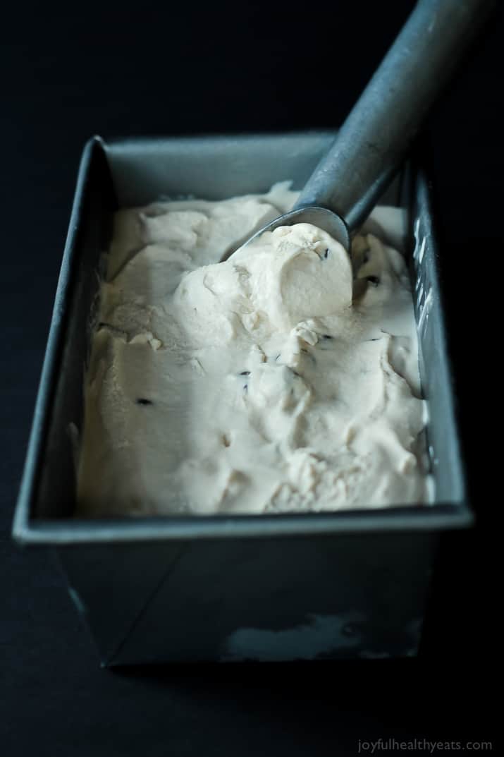 Espresso Chocolate Chip Ice Cream 一个金属勺舀起一份意式浓缩冰淇淋