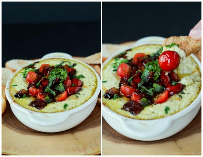 A quick appetizer recipe perfect for the holidays, this Baked Goat Cheese Dip will rock your world! | m.albarakaa.com 拼贴的烤山羊奶酪蘸酱和意大利香面包