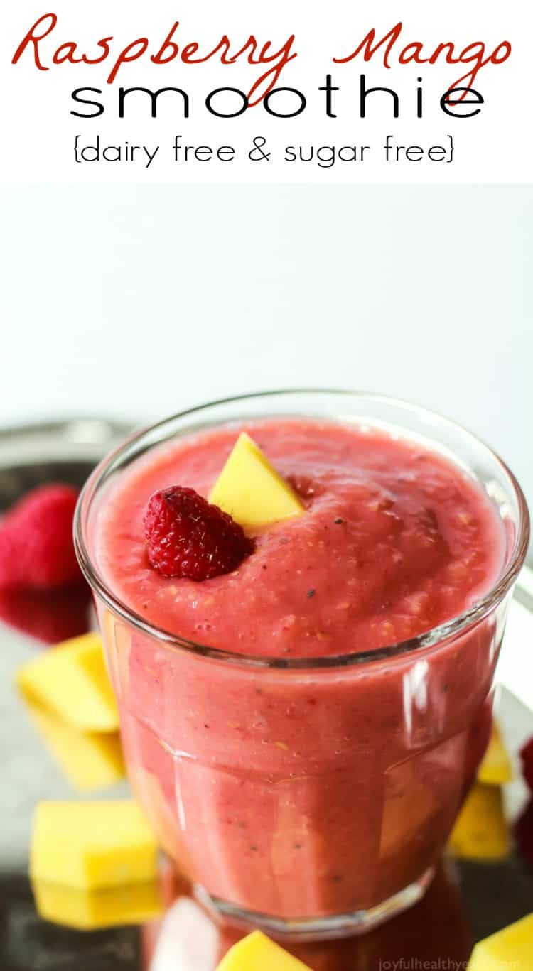 Nutrient packed Raspberry Mango Smoothie that is dairy free & sugar free and absolutely delicious! | www.joyfulheatlhyeats.com #eathealthy #recipes 营养包装的覆盆子芒果奶昔,不含乳制品和糖,绝对美味!| www.joyfulheatlhyeats.com #健康#食谱