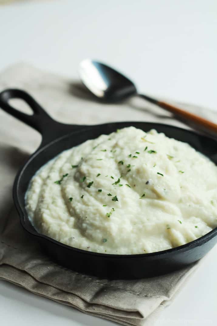 Creamy Cauliflower Alfredo Sauce Cauliflower Alfredo Sauce in a Skillet on Top of a Cloth Napkin