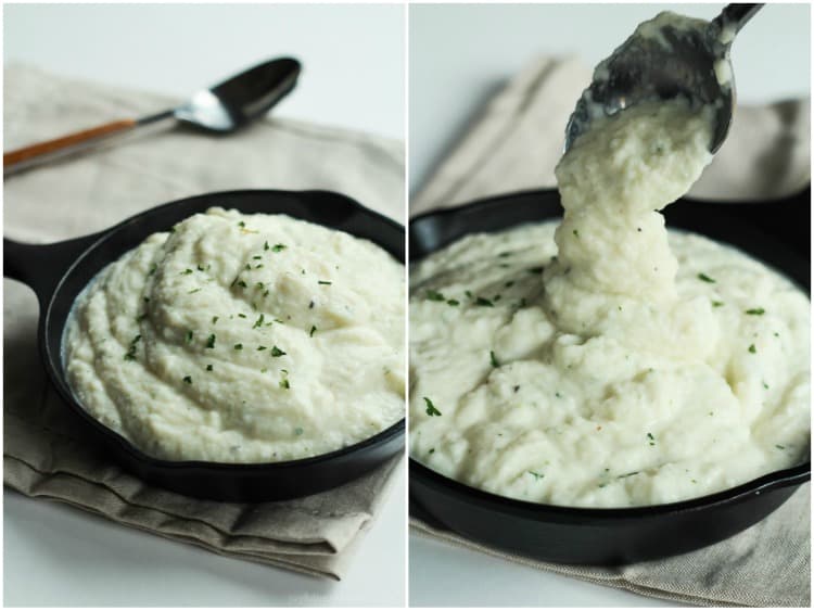 Cauliflower Alfredo Sauce Cauliflower Alfredo Sauce Being Scooped Out of the Skillet with a Spoon