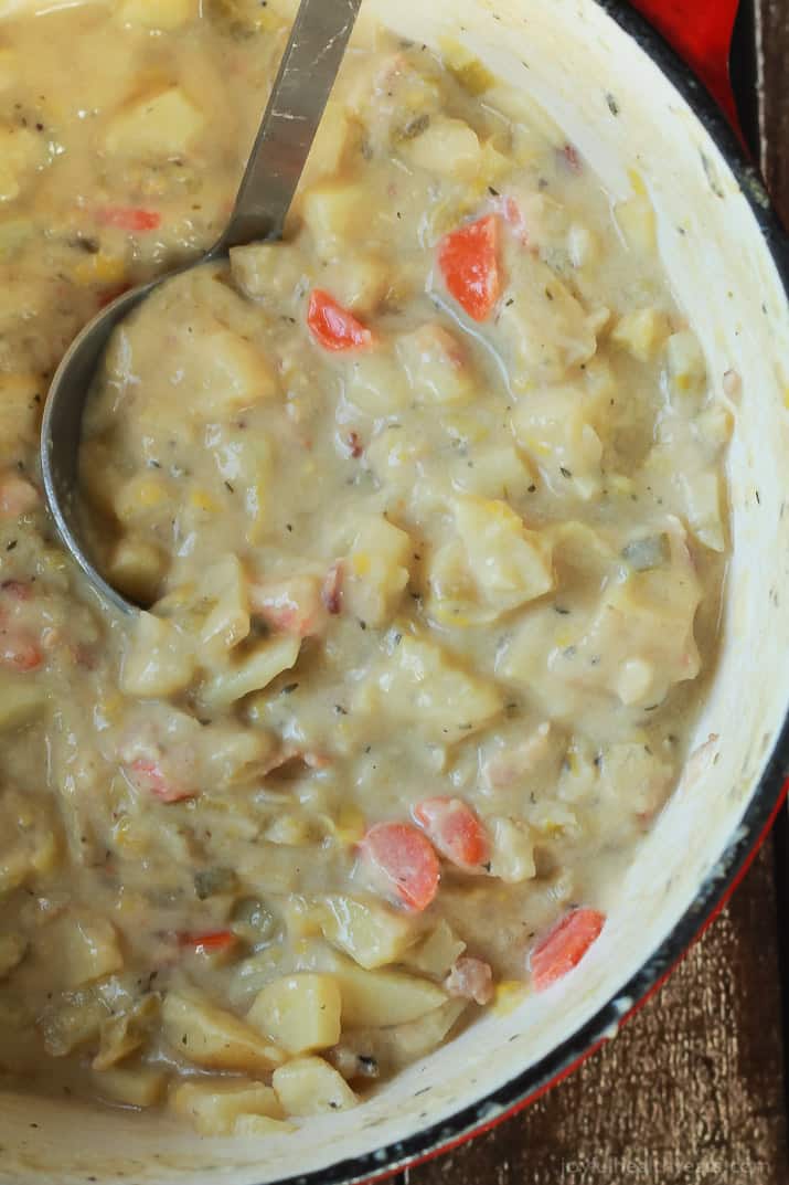 Creamy Potato Leek Soup, the ultimate comfort food soup made healthier with 2% milk, greek yogurt, and extra vegetables. De-lish! | joyfulhealthyeats.com #recipes #glutenfree 俯视图奶油土豆韭菜汤在锅与勺子