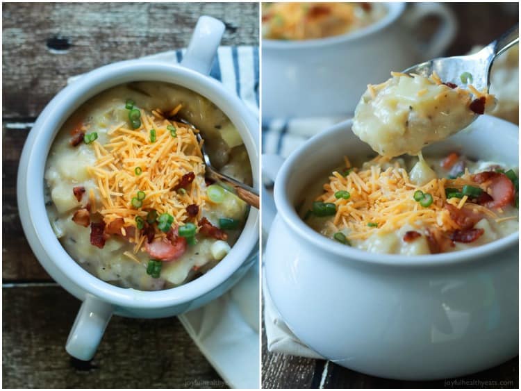 Creamy Potato Leek Soup, the ultimate comfort food soup made healthier with 2% milk, greek yogurt, and extra vegetables. De-lish! | joyfulhealthyeats.com #recipes #glutenfree 乳脂状的土豆韭葱汤的两个视图拼贴画在缸