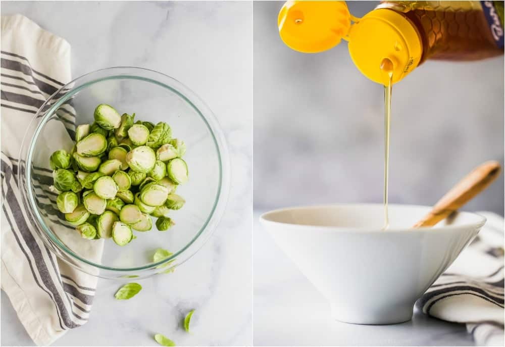未加工的抱子甘蓝和蜂蜜的照片被倾吐
