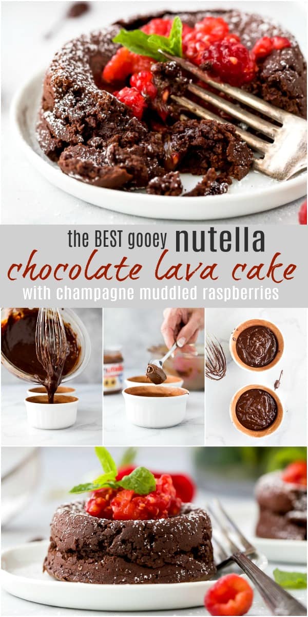 Nutella巧克力熔岩蛋糕食谱的Pinterest图象与香槟混乱的覆盆子
