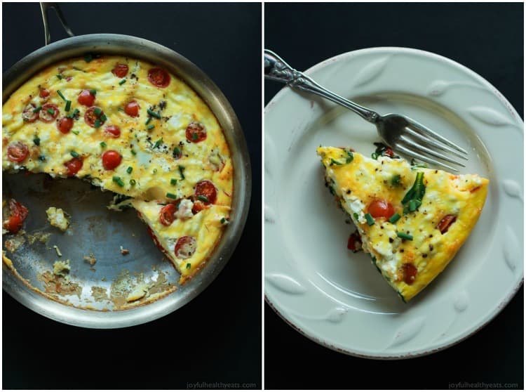 A Cheesy Bacon Spinach Frittata done in 30 minutes! This Spinach Frittata is packed with goat cheese, roasted red peppers, and bacon! Perfect for Brunch! | joyfulhealthyeats.com #easter #mothersday #recipes 芝士培根菠菜煎蛋饼配切成角的葡萄番茄
