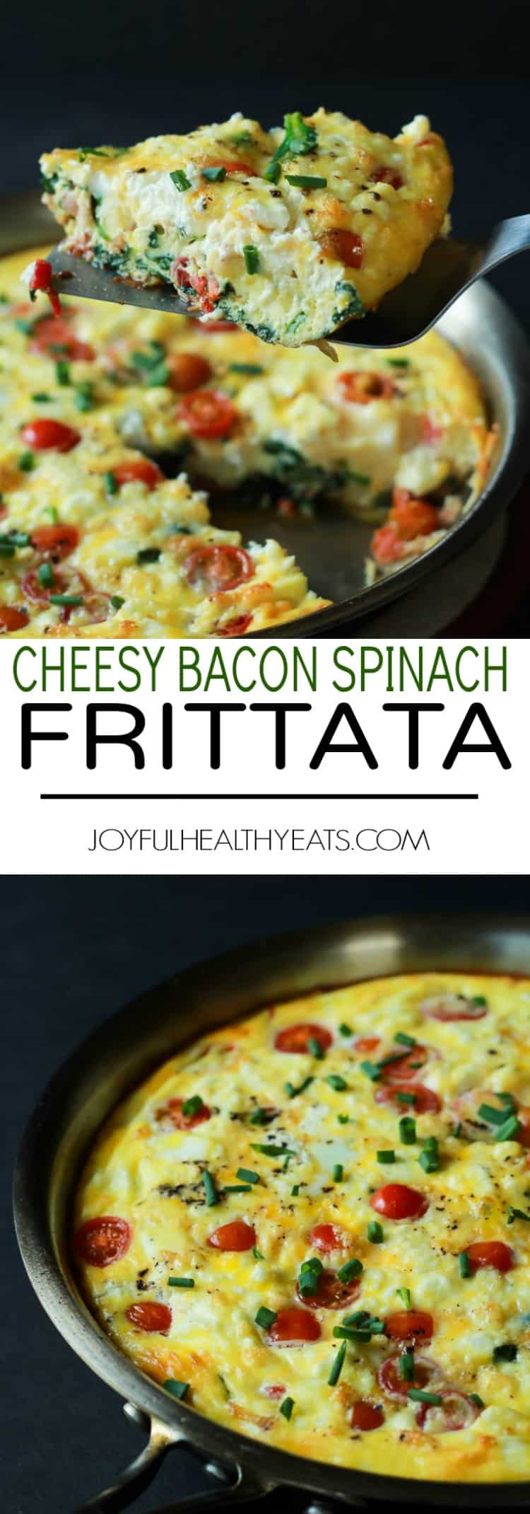 A Cheesy Bacon Spinach Frittata done in 30 minutes! This Spinach Frittata is packed with goat cheese, roasted red peppers, and bacon! Perfect for Brunch! | joyfulhealthyeats.com #easter #mothersday #recipes 芝士培根菠菜煎蛋饼配葡萄番茄