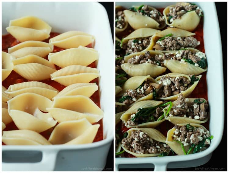 An easy Stuffed Shells recipe with ground beef, spinach, and mushrooms then topped with a homemade marinara sauce - all for only 223 calories per serving! | joyfulhealthyeats.com #recipes 一份简单的馅壳食谱,上面有碎牛肉、菠菜和蘑菇,再浇上自制的蒜汁酱——每份只含223卡路里!| joyfulhealthyeats.com #食谱