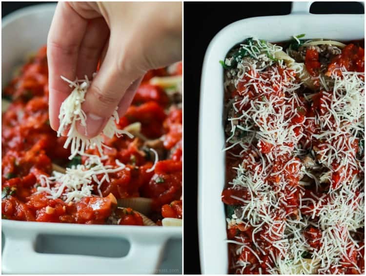 An easy Stuffed Shells recipe with ground beef, spinach, and mushrooms then topped with a homemade marinara sauce - all for only 223 calories per serving! | joyfulhealthyeats.com #recipes 一份简单的馅壳食谱,上面有碎牛肉、菠菜和蘑菇,再浇上自制的蒜汁酱——每份只含223卡路里!| joyfulhealthyeats.com #食谱