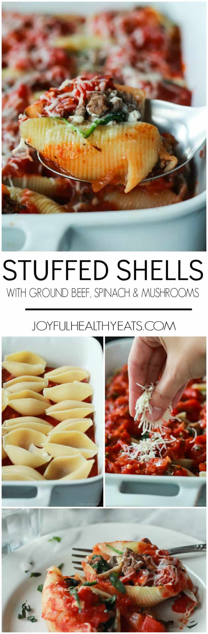 An easy Stuffed Shells recipe with ground beef, spinach, and mushrooms then topped with a homemade marinara sauce - all for only 223 calories per serving! | joyfulhealthyeats.com #recipes 一份简单的馅壳食谱,上面有碎牛肉、菠菜和蘑菇,再浇上自制的蒜汁酱——每份只含223卡路里!| joyfulhealthyeats.com #食谱