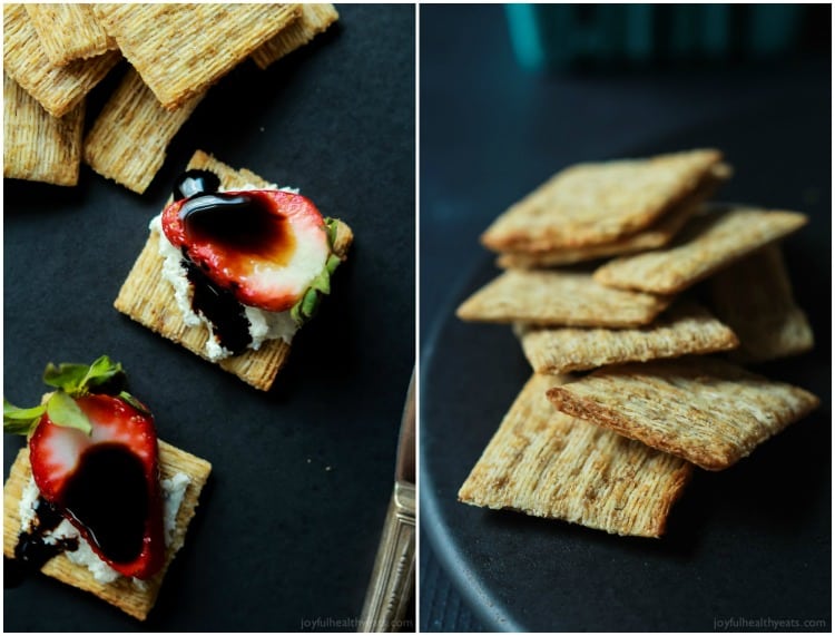An easy spring party appetizer using less than 5 ingredients! Strawberry Goat Cheese Bites topped with a Balsamic Reduction Drizzle, takes only five minutes to make! | joyfulhealthyeats.com #recipes #appetizer #ad 饼干和草莓山羊奶酪,上面淋上香醋