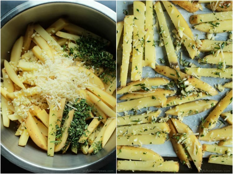 Crispy Baked Garlic Parmesan Fries are crispy on the outside and soft on the inside, the easiest skinny Baked Fries you will ever make! Only 6 ingredients but pack a phenomenal fresh herb taste! | joyfulhealthyeats.com #recipes #glutenfree 酥脆烘烤的大蒜巴马干酪炸薯条的成份在碗和未烘烤的炸薯条上的烤板