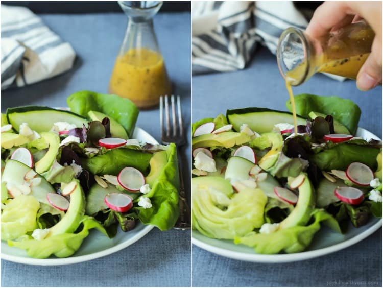 A simple fresh Summer salad that takes 5 minutes - Avocado Butter Lettuce Salad filled with spicy radishes, almond slices, goat cheese, and topped with a Lemon Vinaigrette. | joyfulhealthyeats.com #recipe #glutenfree #vegetarian 拼贴牛油果黄油生菜沙拉与柠檬醋汁