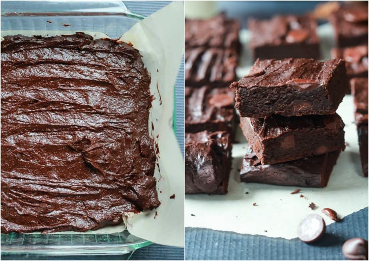 The Best Fudgy Avocado Brownies you will ever taste, packed with coconut sugar, chocolate chips, and coffee! The perfect guilt free dessert recipe for the summer! | joyfulhealthyeats.com #recipes Collage of Fudgy Avocado Brownies in a pan and cut into squares