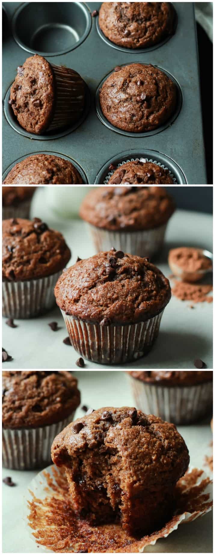 No Sugar, crazy moist, loads of chocolate flavor with great banana taste. These Skinny Double Chocolate Banana Muffins are the muffins of your dreams! | joyfulhealthyeats.com #recipes 皮肤上的双重巧克力香蕉松饼的Pinterest图像