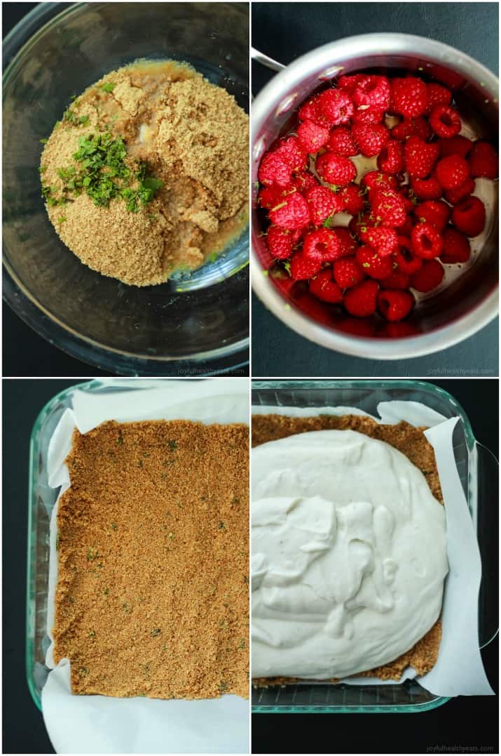 Skinny Raspberry Mojito Cheesecake Bars filled with creamy cheesecake goodness, fresh mint and lime juice, then topped with a fresh raspberry compote - only 130 calories! Perfect for summer parties! | joyfulhealthyeats.com #RaspberryDessert #Driscollsberry #ad 薄覆盆子莫吉托芝士蛋糕条充满了奶油芝士蛋糕,新鲜的薄荷和酸橙汁,然后顶部是新鲜的覆盆子果盘——只有130卡路里!非常适合夏季聚会!| joyfulhealthyeats.com #树莓甜点# driscolsberry #广告