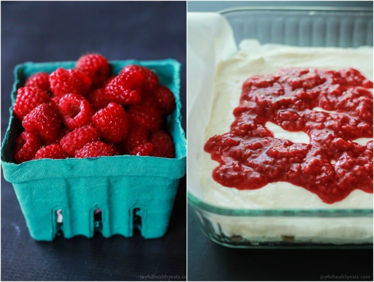 Skinny Raspberry Mojito Cheesecake Bars filled with creamy cheesecake goodness, fresh mint and lime juice, then topped with a fresh raspberry compote - only 130 calories! Perfect for summer parties! | joyfulhealthyeats.com #RaspberryDessert #Driscollsberry #ad 薄覆盆子莫吉托芝士蛋糕条充满了奶油芝士蛋糕,新鲜的薄荷和酸橙汁,然后顶部是新鲜的覆盆子果盘——只有130卡路里!非常适合夏季聚会!| joyfulhealthyeats.com #树莓甜点# driscolsberry #广告