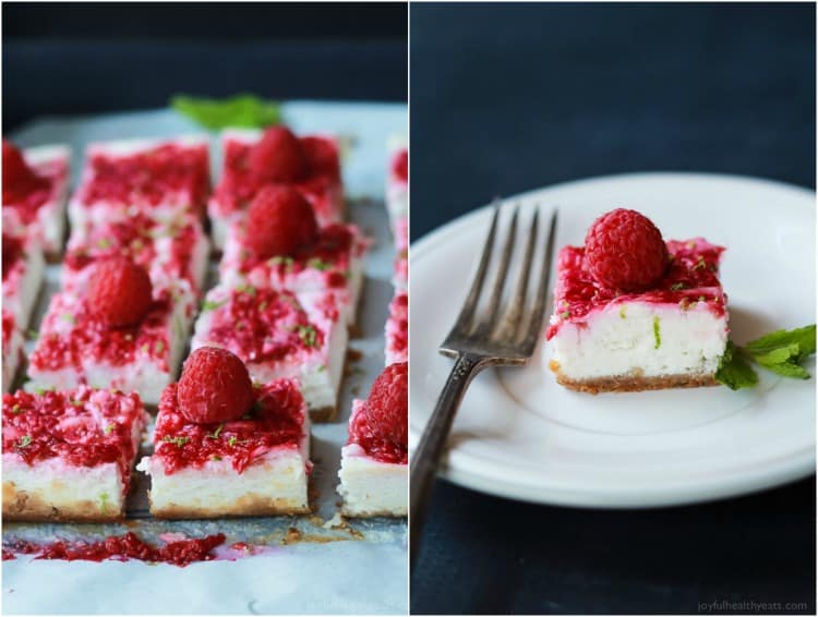 Skinny Raspberry Mojito Cheesecake Bars filled with creamy cheesecake goodness, fresh mint and lime juice, then topped with a fresh raspberry compote - only 130 calories! Perfect for summer parties! | joyfulhealthyeats.com #RaspberryDessert #Driscollsberry #ad 薄覆盆子莫吉托芝士蛋糕条充满了奶油芝士蛋糕,新鲜的薄荷和酸橙汁,然后顶部是新鲜的覆盆子果盘——只有130卡路里!非常适合夏季聚会!| joyfulhealthyeats.com #树莓甜点# driscolsberry #广告