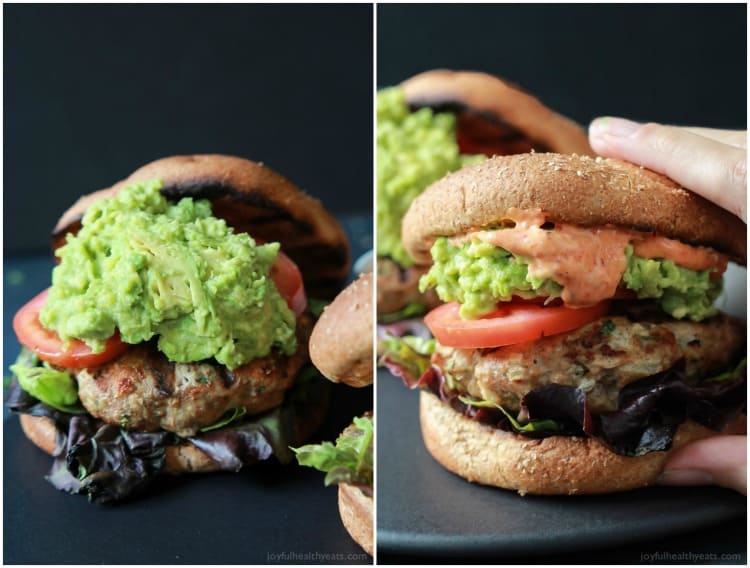 Healthy juicy Southwestern Turkey Burgers stuffed with lettuce, tomato, a simple guacamole, and a Spicy Aioli made with Piquillo Peppers and Chipotle Peppers! The ultimate Turkey Burger recipe your family will love - just 20 minutes! | joyfulhealthyeats.com #recipes #grill 健康多汁的西南火鸡汉堡塞满了生菜,西红柿,简单的鳄梨色拉酱,和用皮奎罗辣椒和墨西哥辣椒做的辣蒜泥蛋黄酱!你的家人一定会喜欢的终极火鸡汉堡食谱——只要20分钟!| joyfulhealthyeats.com #食谱#烧烤