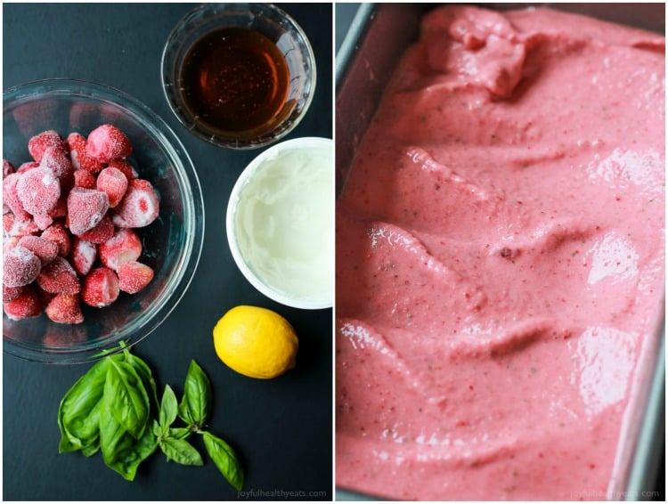 A 5-Minute Healthy Strawberry Basil Frozen Yogurt recipe perfect to cool you down in summer, made with only 5 ingredients and naturally sweetened! | joyfulhealthyeats.com #recipes 5分钟健康草莓罗勒冷冻酸奶配方完美的让你在夏天凉爽,只有5种原料和天然甜味!| joyfulhealthyeats.com #食谱