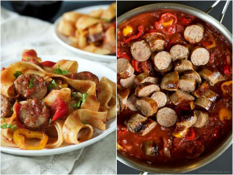 Tomato Pappardelle Pasta with Italian Sausage and Peppers 两张番茄宽面意大利香肠和辣椒的图片