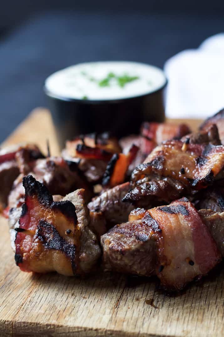Chargrilled Bacon Wrapped Tenderloin Bites served with a homemade creamy horseradish sauce