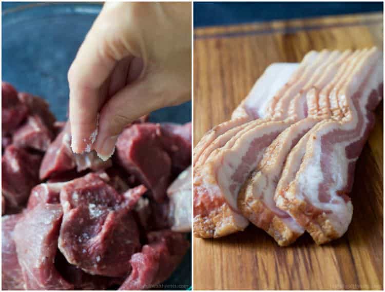 Raw beef tenderloin chunks and raw strips of bacon