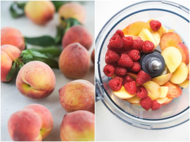用新鲜的覆盆子和桃子制作的自制覆盆子桃子柠檬水配方,为今年夏天凉爽的饮料凉爽凉爽!|JoyfulHealthYeats.com.