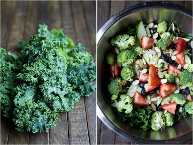 Summer Detox Salad with Citrus Basil Vinaigrette 新鲜的羽衣甘蓝和排毒夏季沙拉成分在一个混合碗